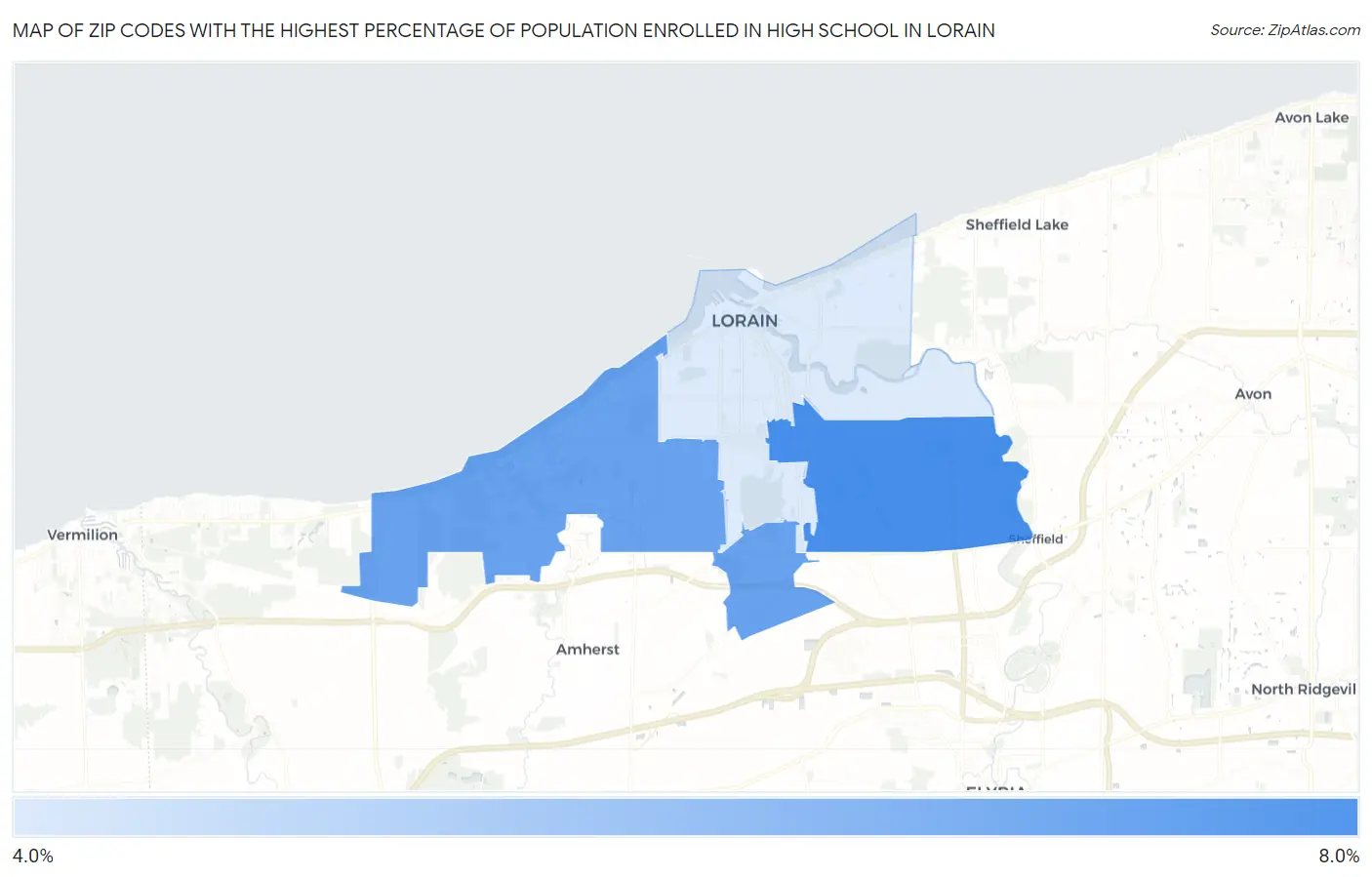 Zip Codes with the Highest Percentage of Population Enrolled in High School in Lorain Map