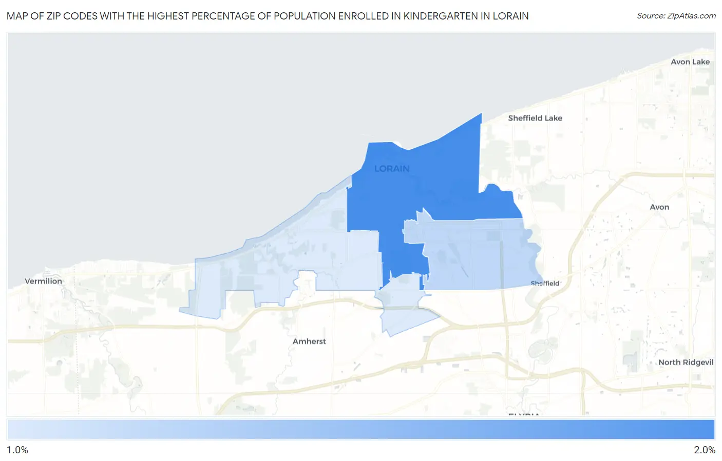 Zip Codes with the Highest Percentage of Population Enrolled in Kindergarten in Lorain Map