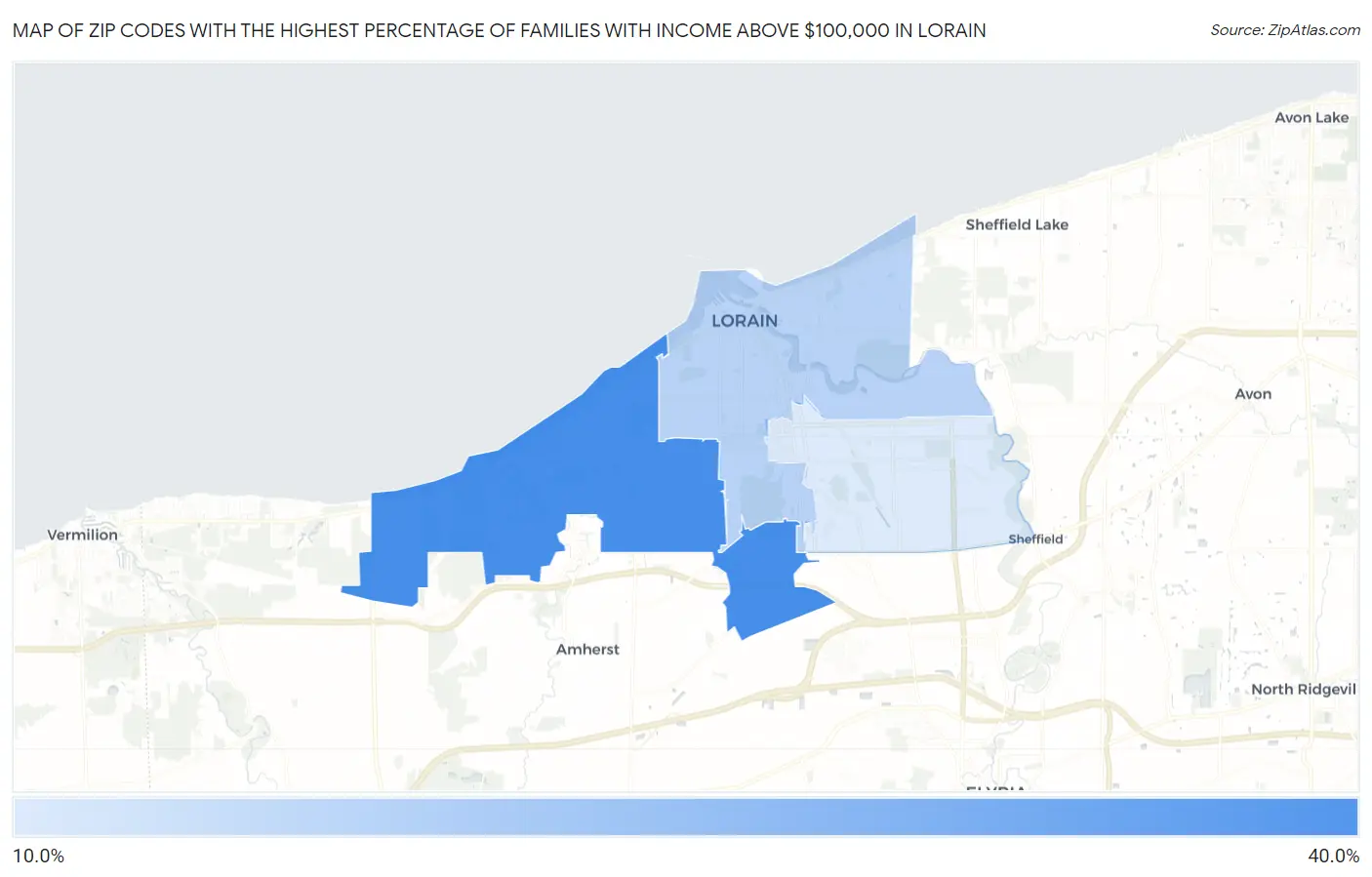 Zip Codes with the Highest Percentage of Families with Income Above $100,000 in Lorain Map