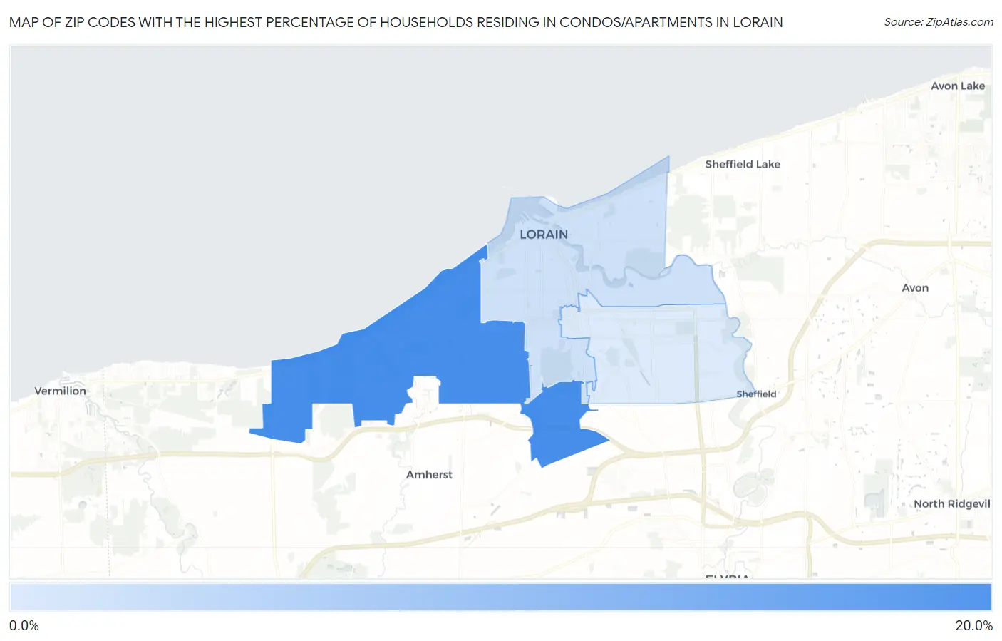 Zip Codes with the Highest Percentage of Households Residing in Condos/Apartments in Lorain Map