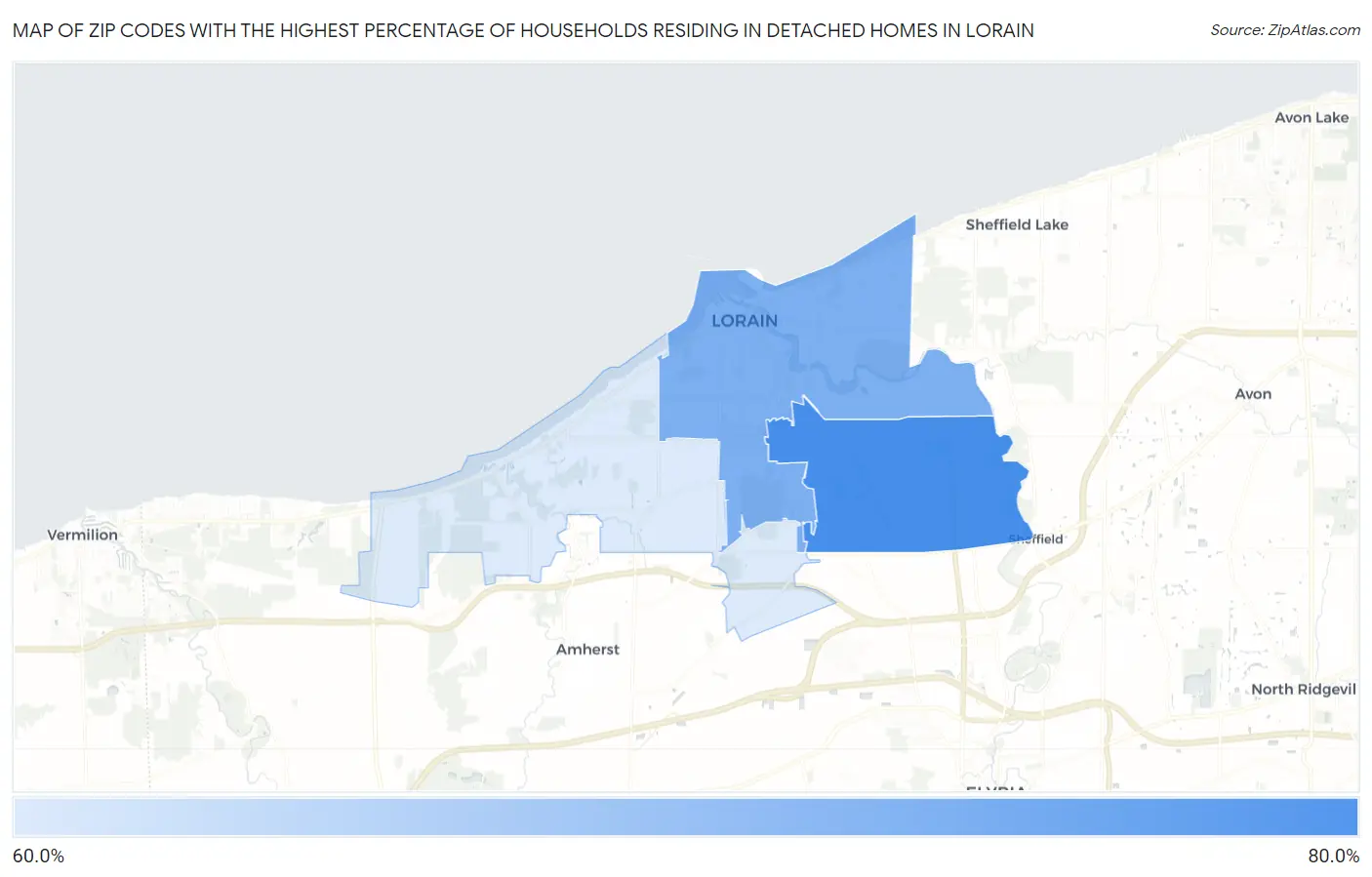 Zip Codes with the Highest Percentage of Households Residing in Detached Homes in Lorain Map