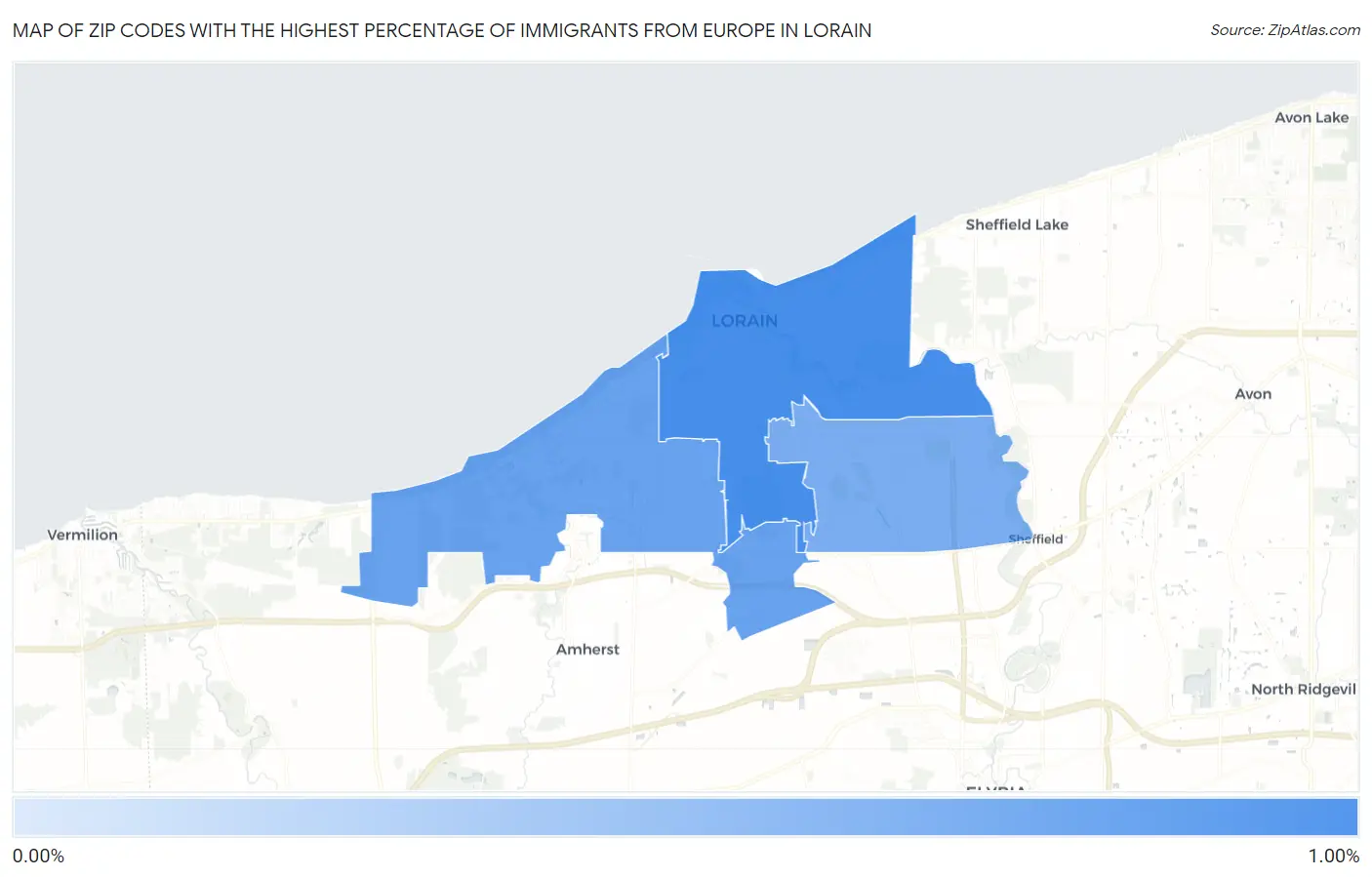 Zip Codes with the Highest Percentage of Immigrants from Europe in Lorain Map