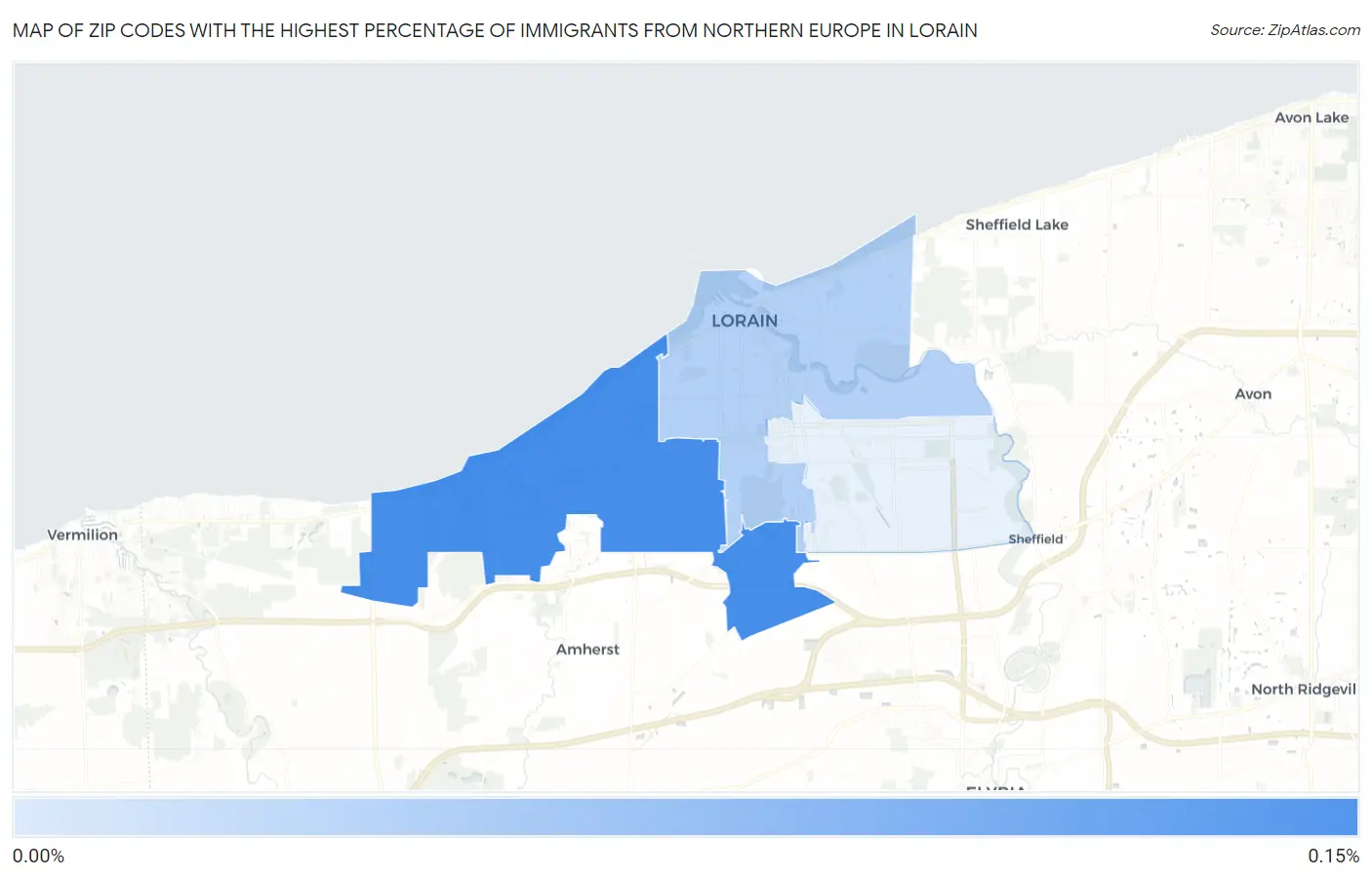 Zip Codes with the Highest Percentage of Immigrants from Northern Europe in Lorain Map