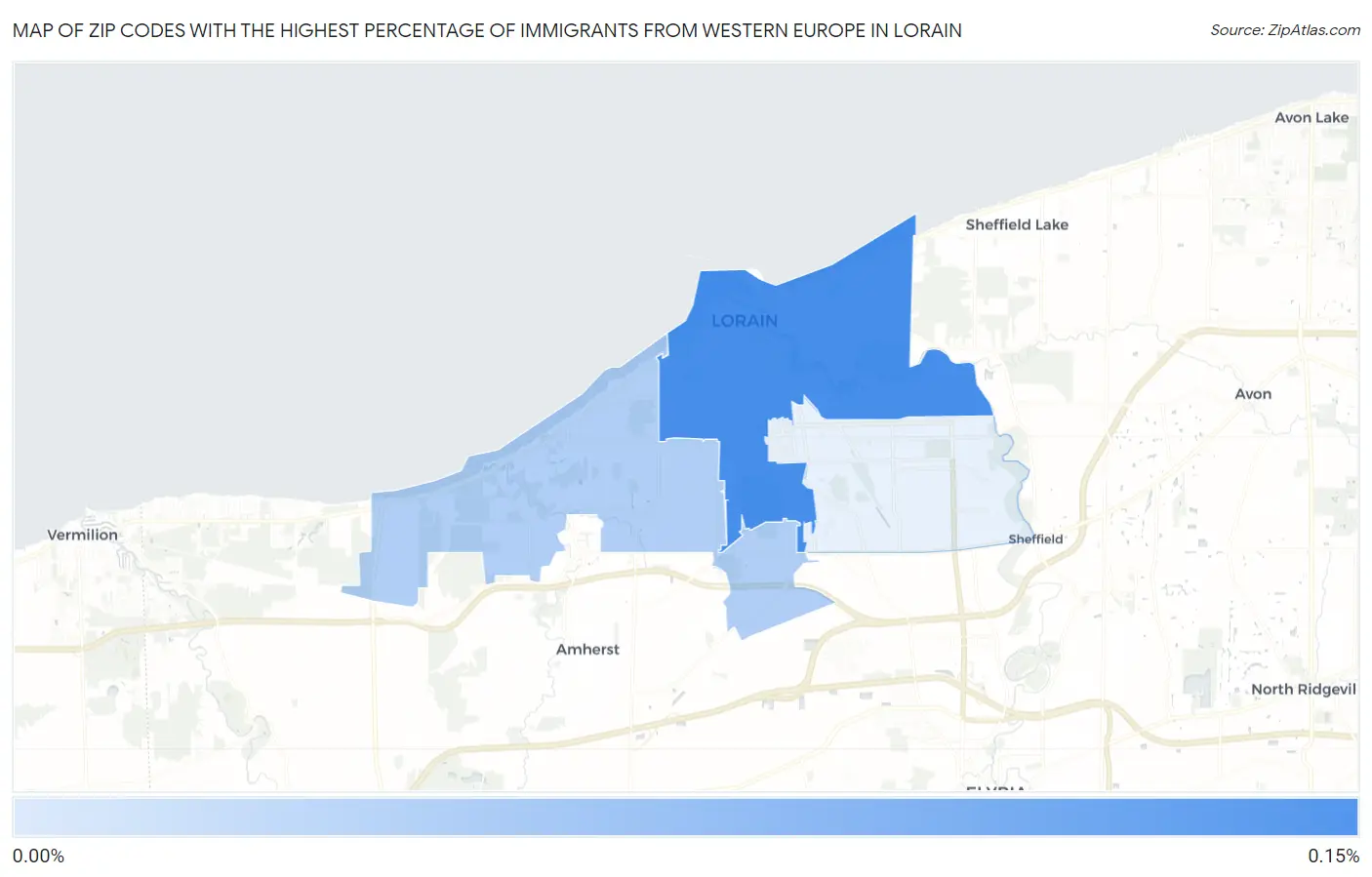 Zip Codes with the Highest Percentage of Immigrants from Western Europe in Lorain Map