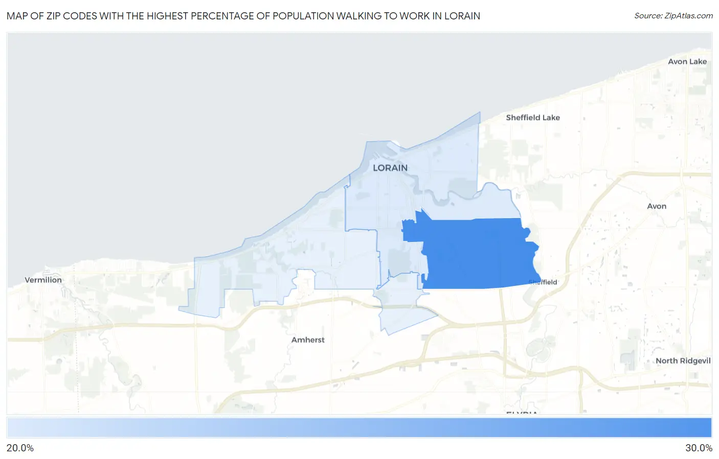 Zip Codes with the Highest Percentage of Population Walking to Work in Lorain Map