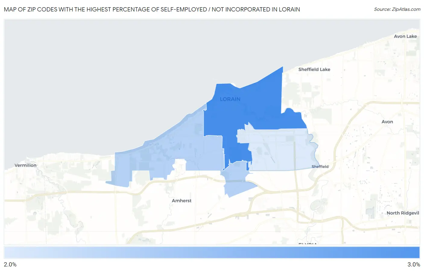 Zip Codes with the Highest Percentage of Self-Employed / Not Incorporated in Lorain Map