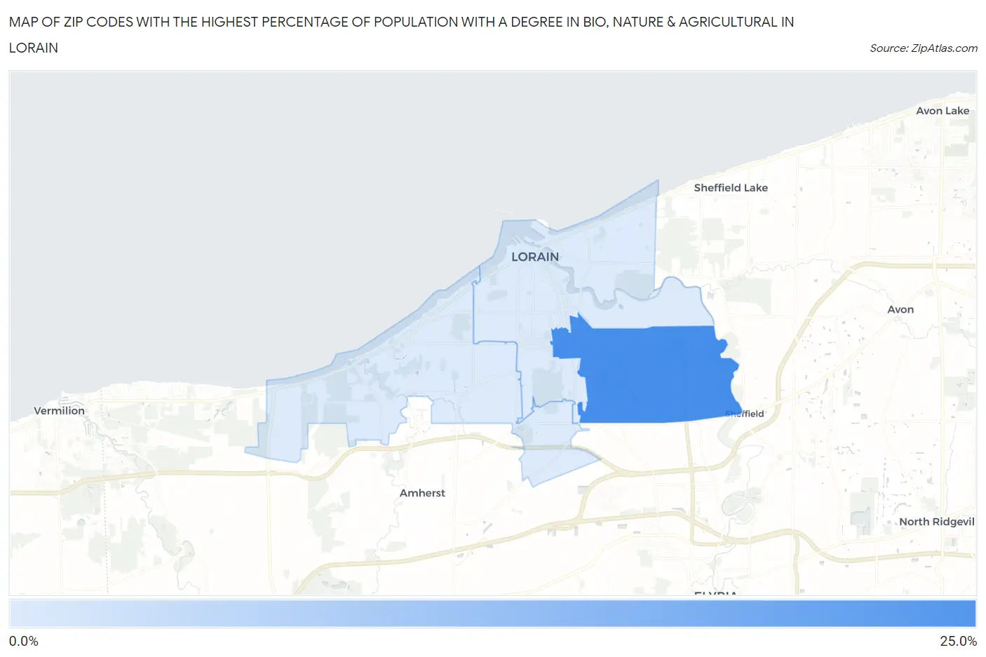 Zip Codes with the Highest Percentage of Population with a Degree in Bio, Nature & Agricultural in Lorain Map