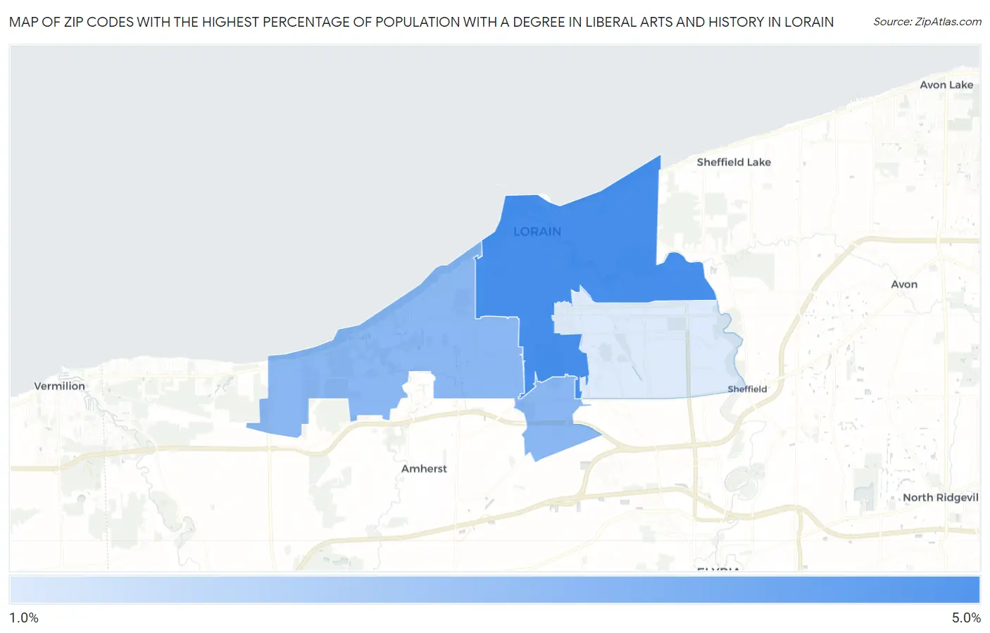 Zip Codes with the Highest Percentage of Population with a Degree in Liberal Arts and History in Lorain Map