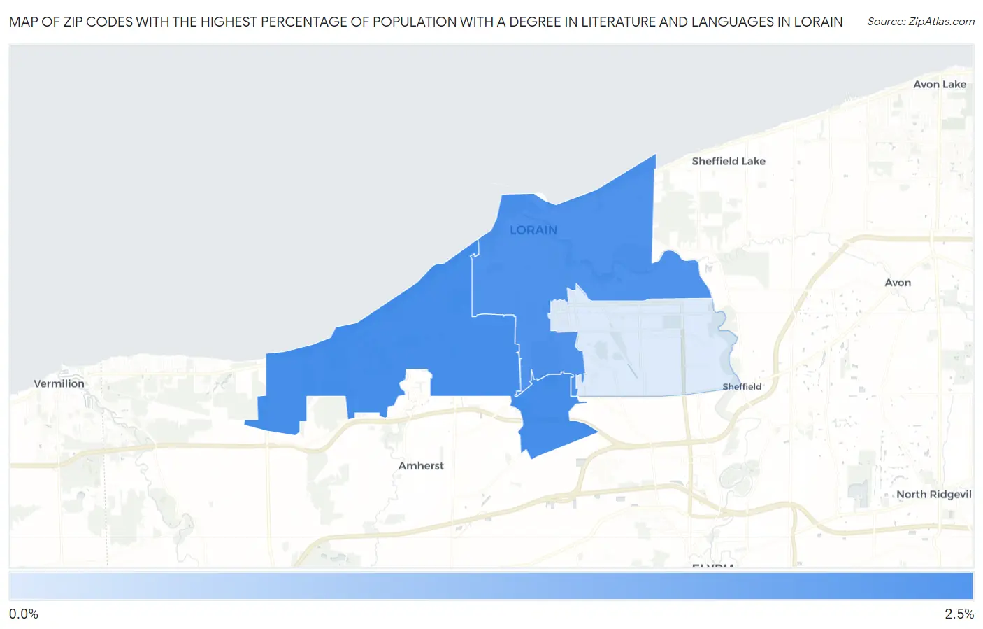 Zip Codes with the Highest Percentage of Population with a Degree in Literature and Languages in Lorain Map