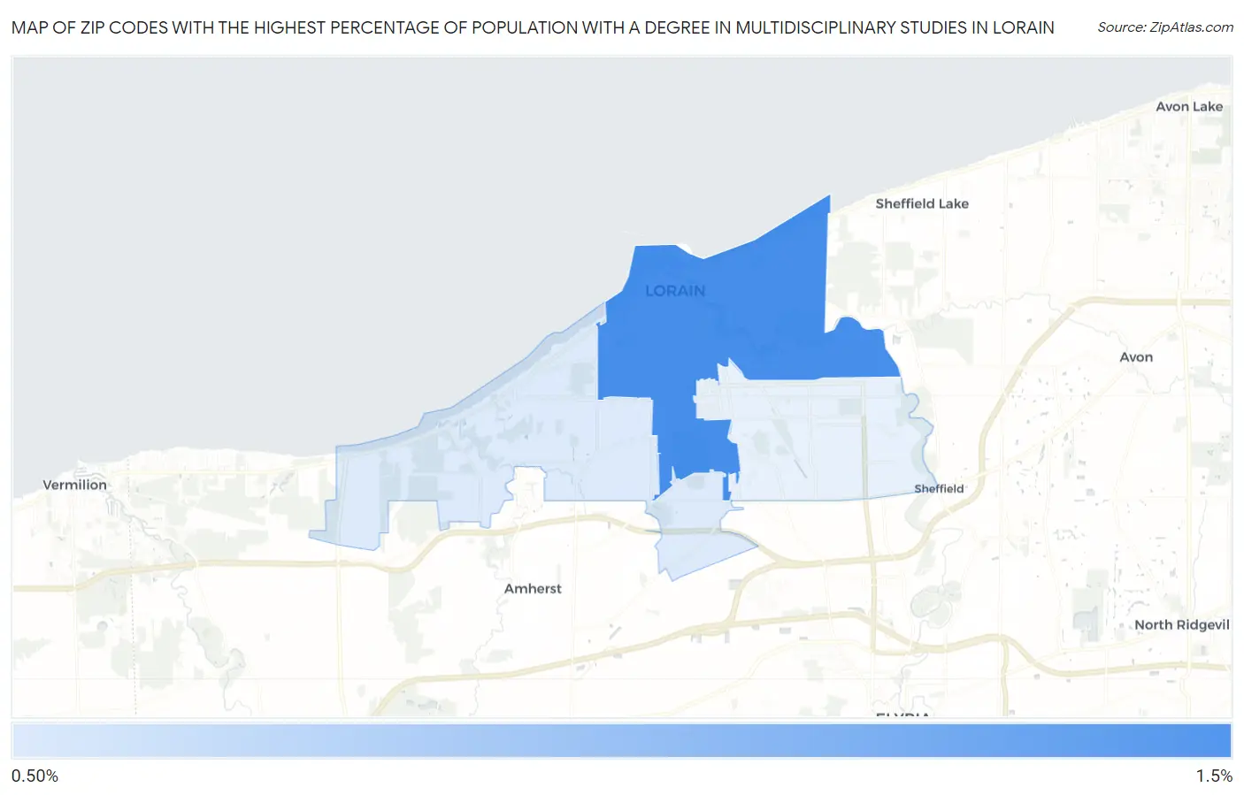 Zip Codes with the Highest Percentage of Population with a Degree in Multidisciplinary Studies in Lorain Map