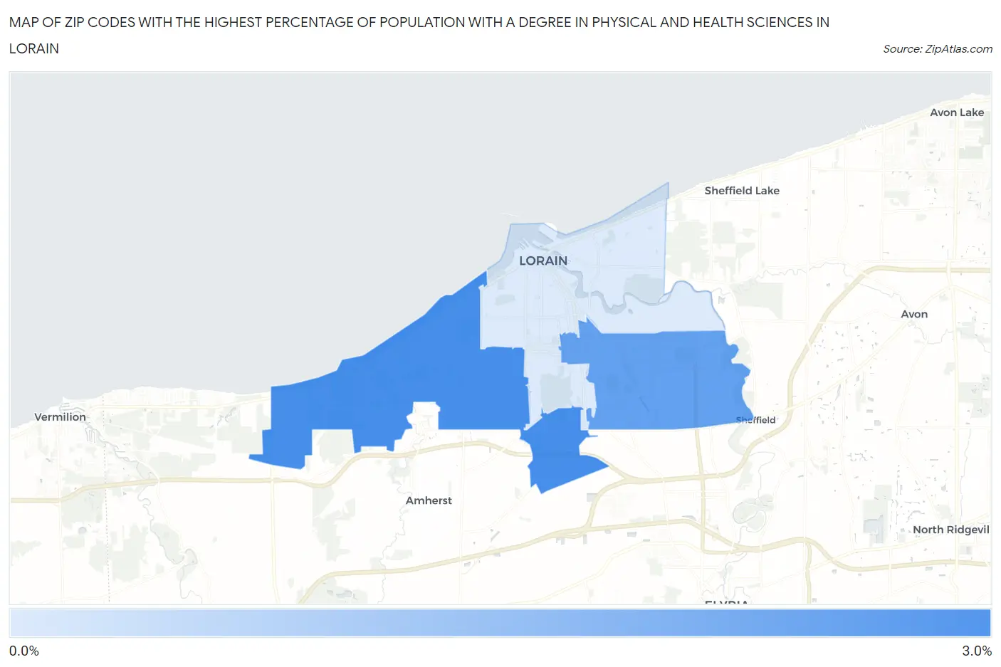 Zip Codes with the Highest Percentage of Population with a Degree in Physical and Health Sciences in Lorain Map