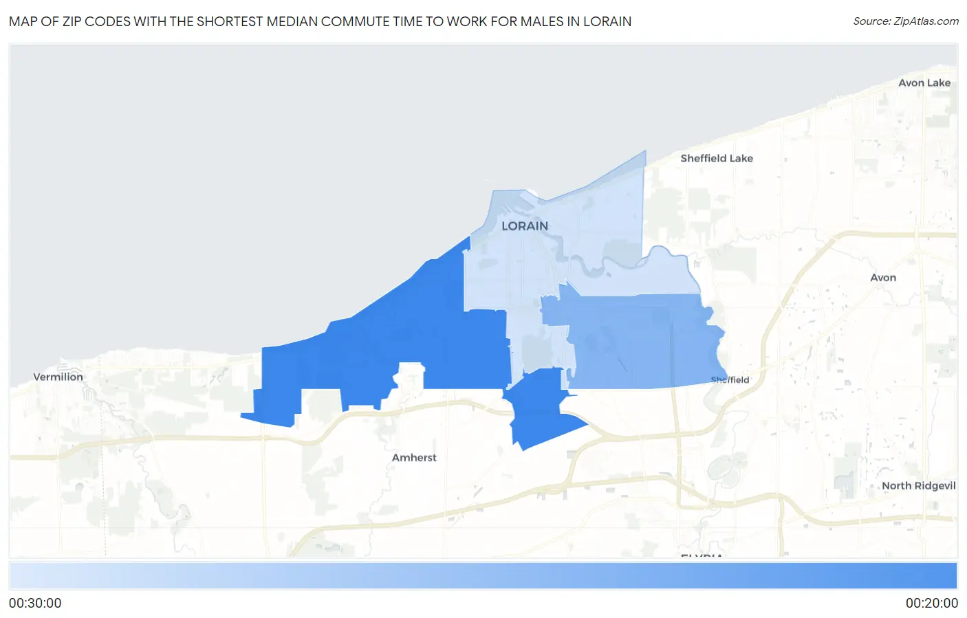 Zip Codes with the Shortest Median Commute Time to Work for Males in Lorain Map