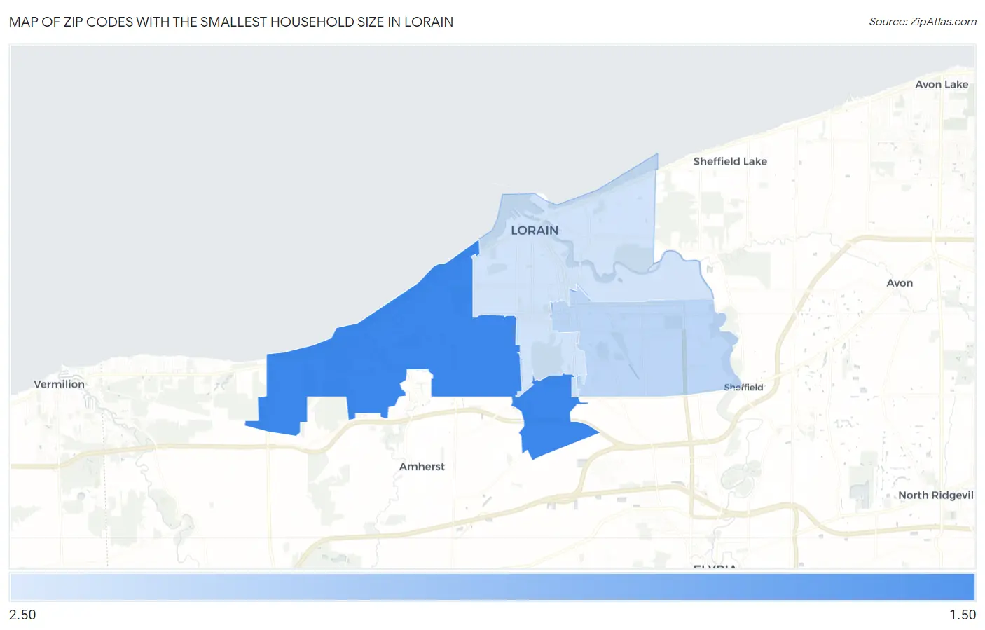 Zip Codes with the Smallest Household Size in Lorain Map