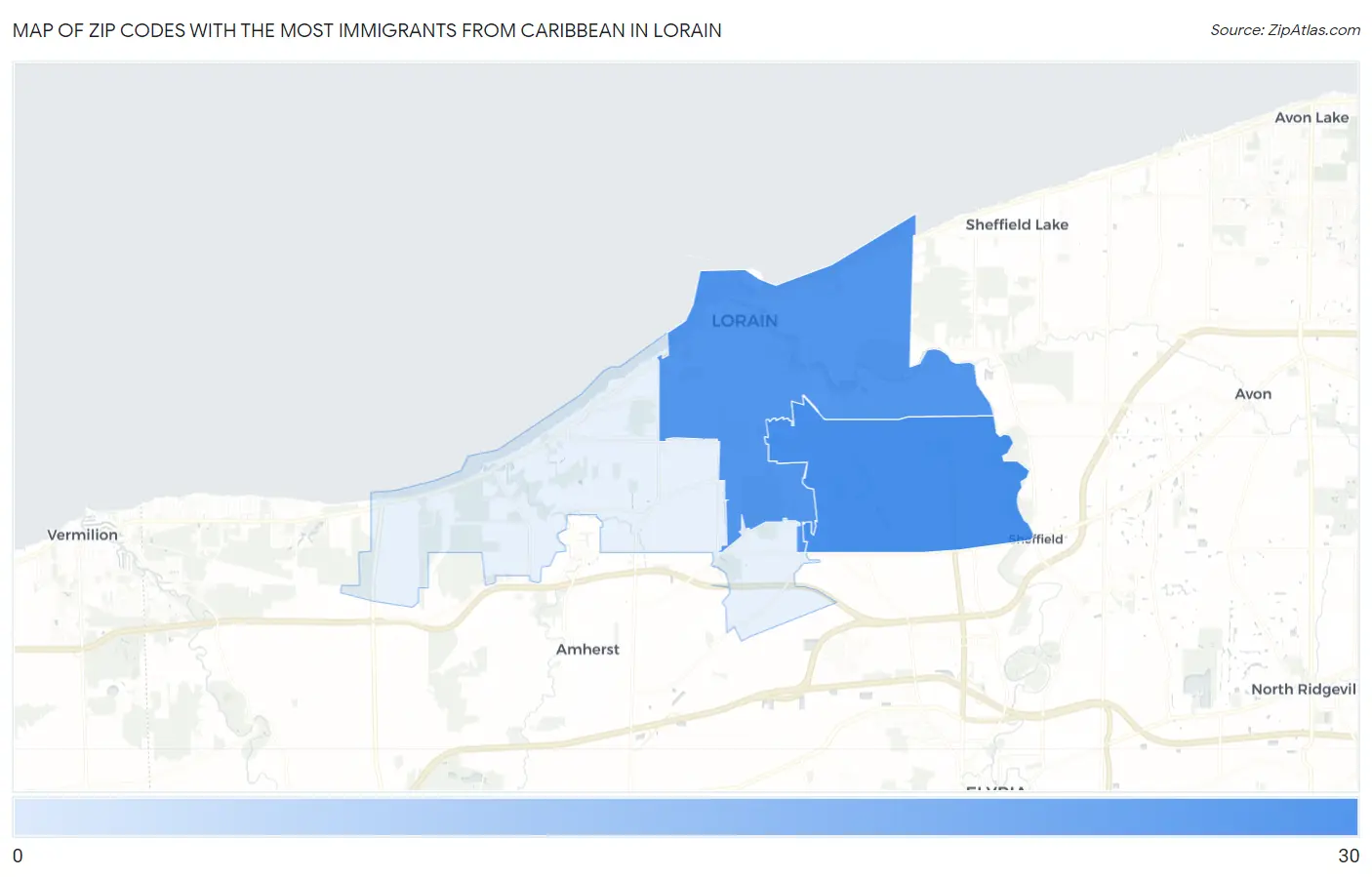 Zip Codes with the Most Immigrants from Caribbean in Lorain Map
