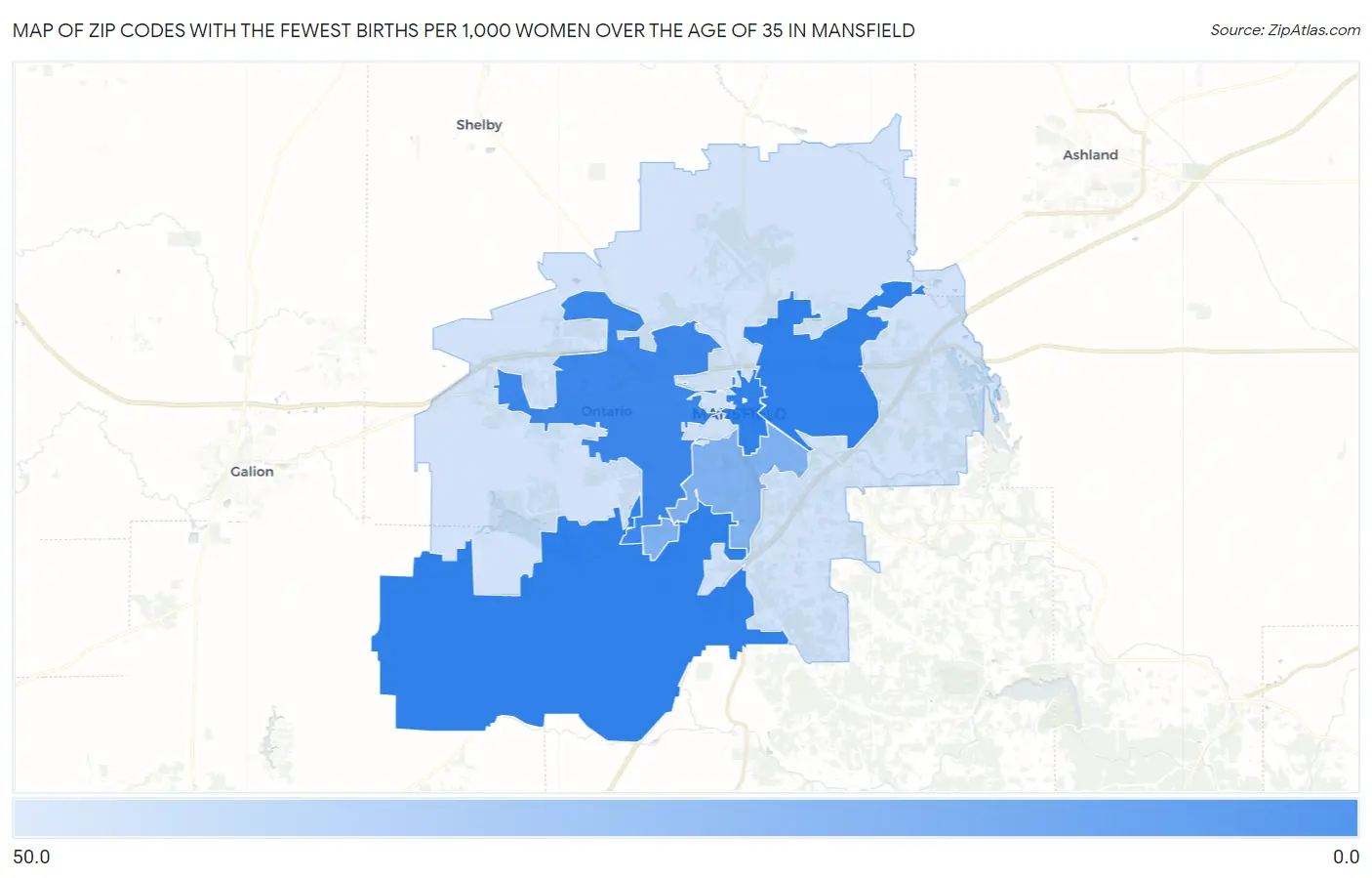 Zip Codes with the Fewest Births per 1,000 Women Over the Age of 35 in Mansfield Map
