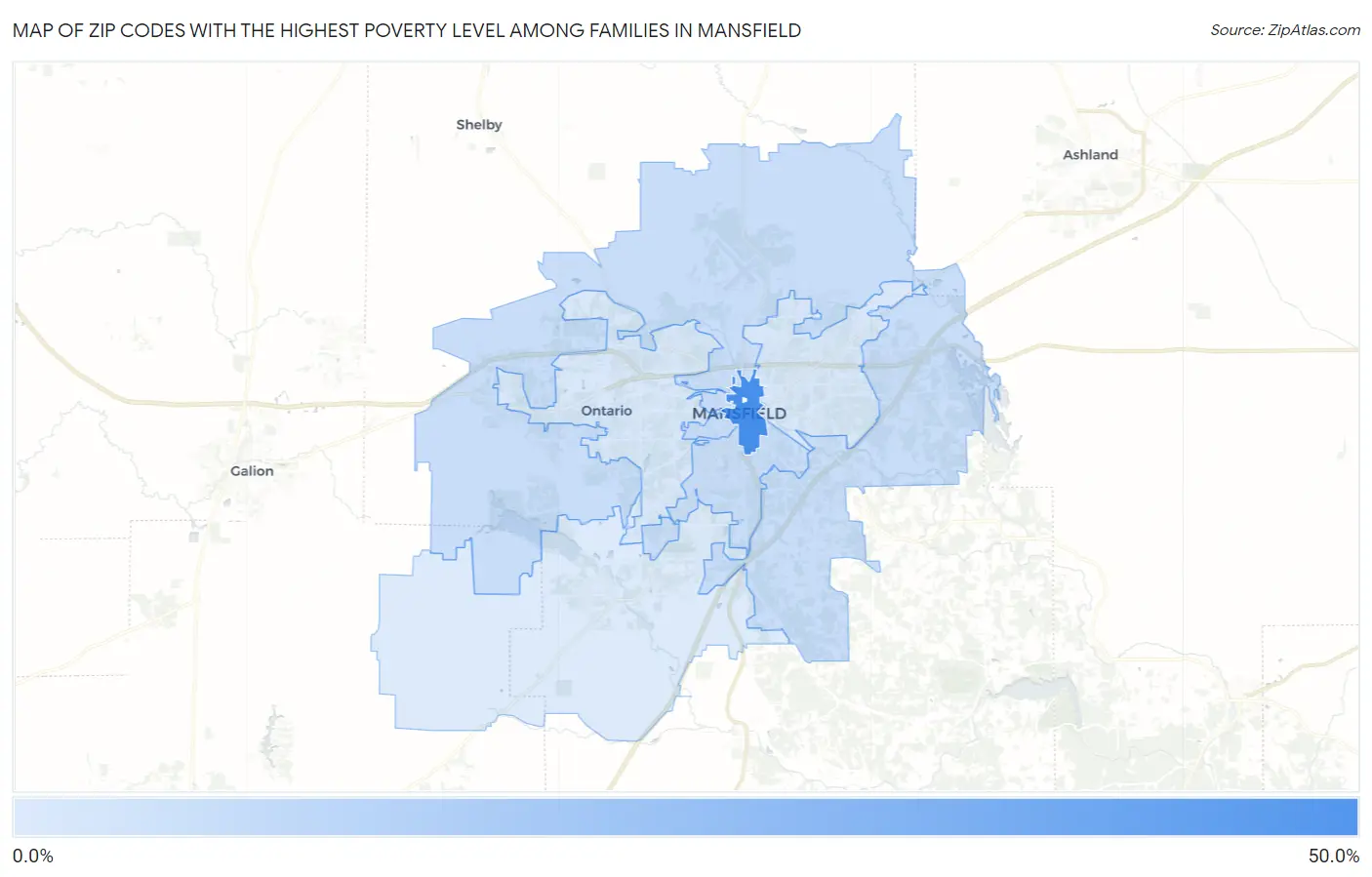 Zip Codes with the Highest Poverty Level Among Families in Mansfield Map