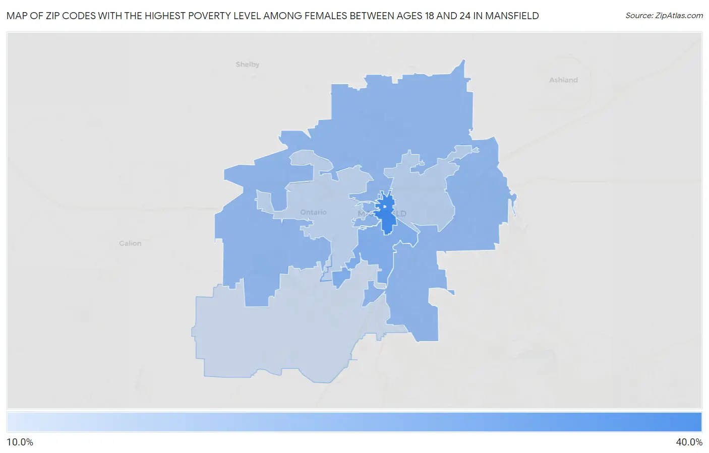 Zip Codes with the Highest Poverty Level Among Females Between Ages 18 and 24 in Mansfield Map