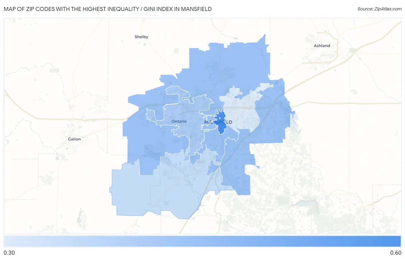 Zip Codes with the Highest Inequality / Gini Index in Mansfield Map