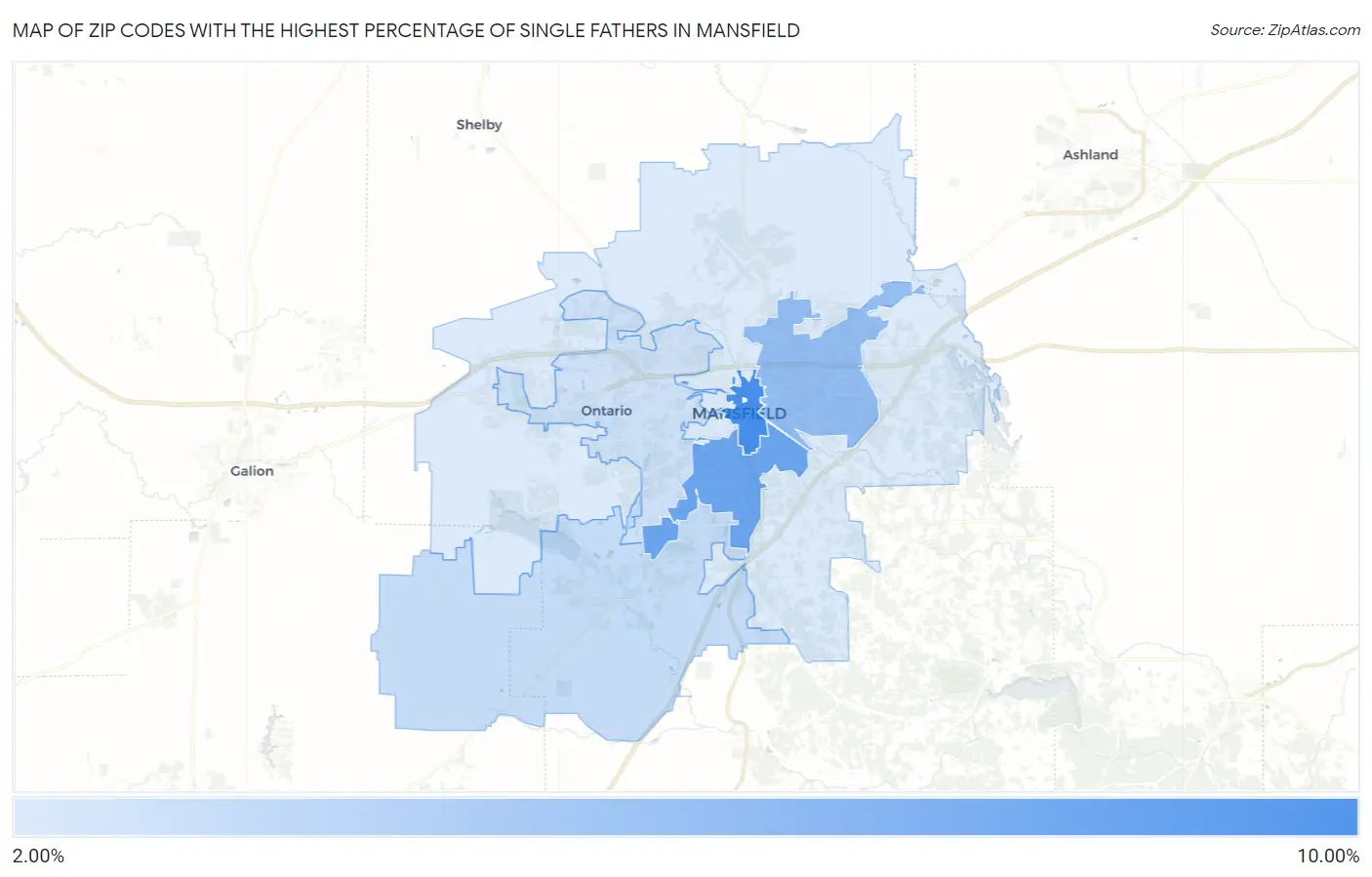 Zip Codes with the Highest Percentage of Single Fathers in Mansfield Map