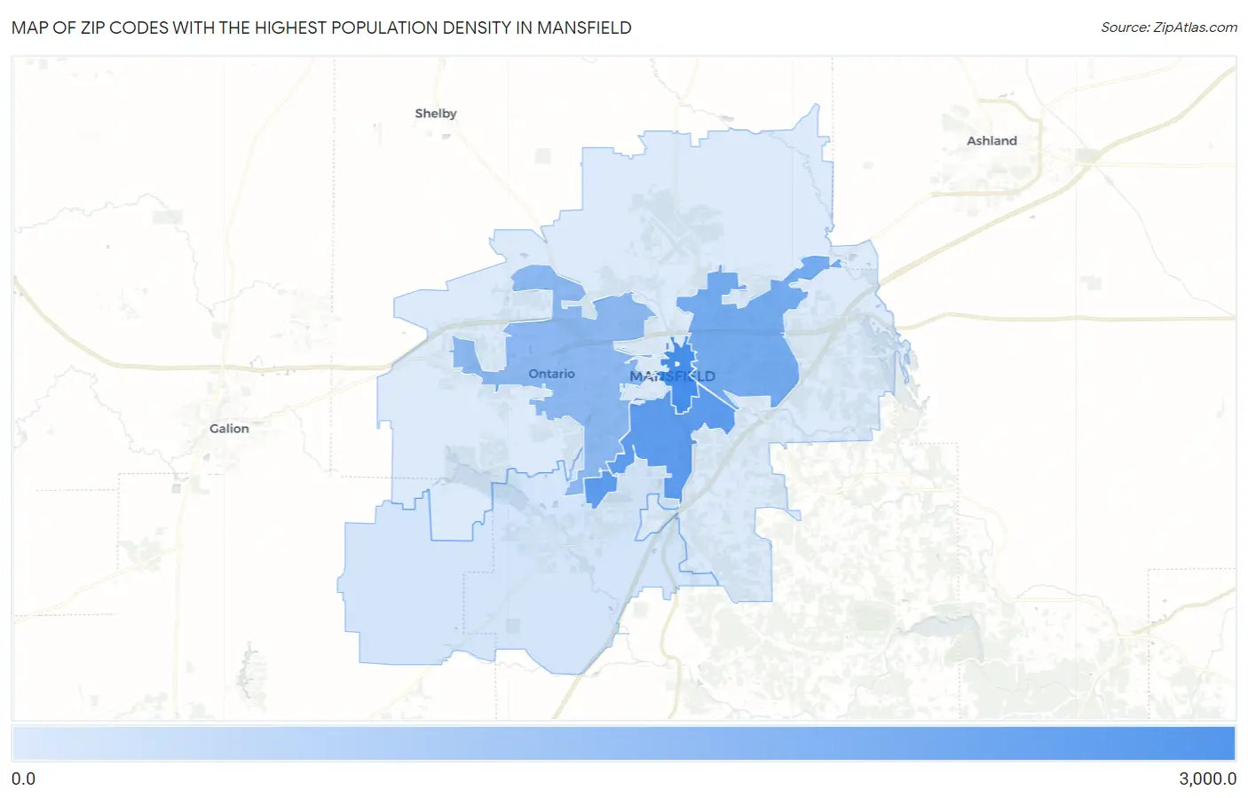 Zip Codes with the Highest Population Density in Mansfield Map