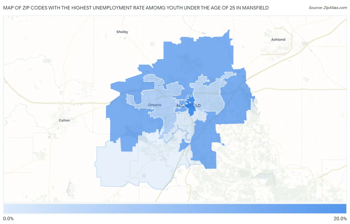 Zip Codes with the Highest Unemployment Rate Amomg Youth Under the Age of 25 in Mansfield Map