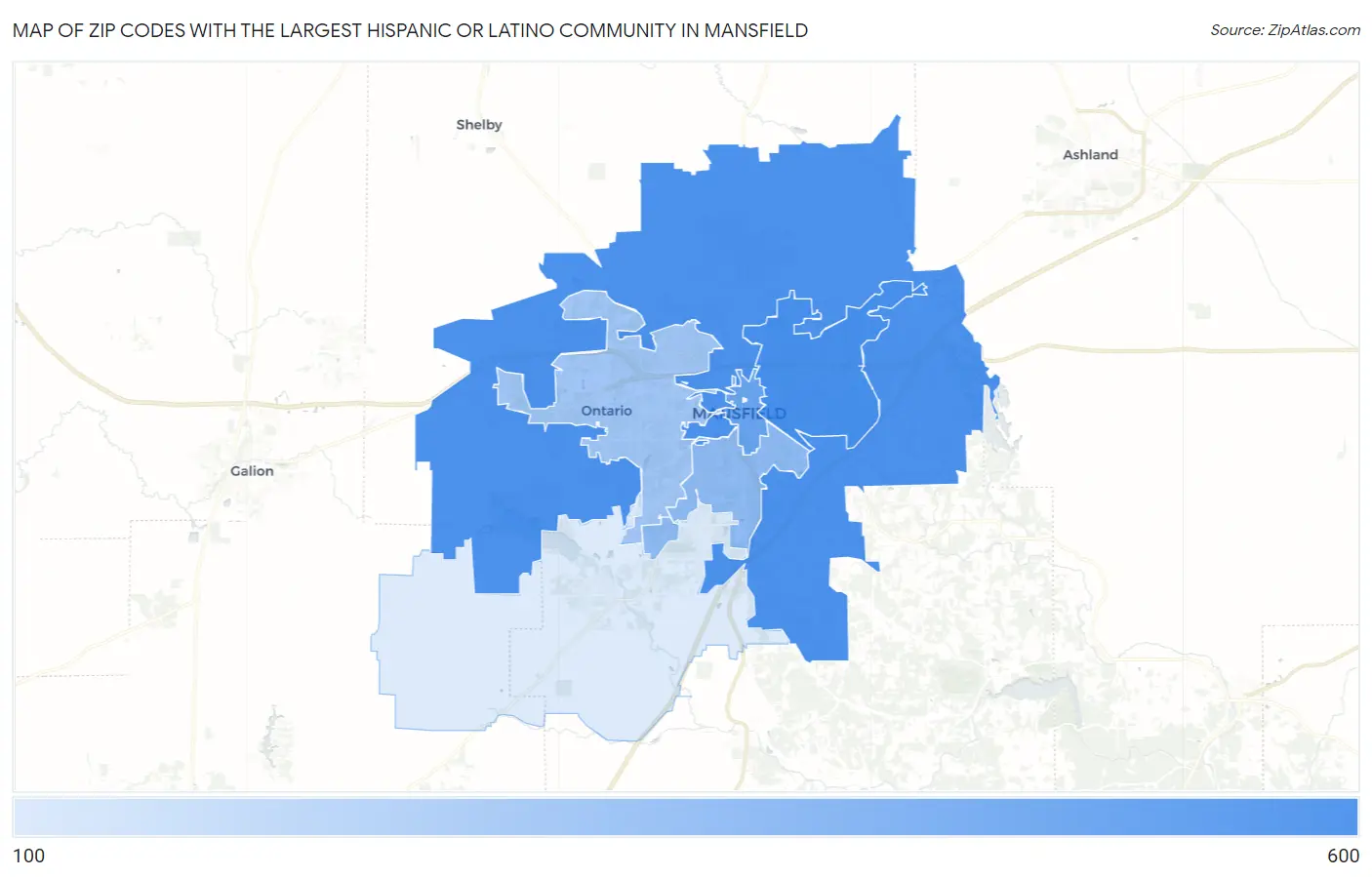 Zip Codes with the Largest Hispanic or Latino Community in Mansfield Map