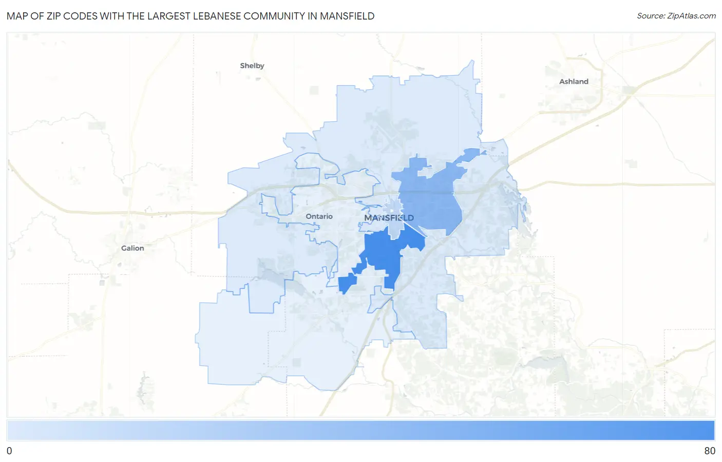 Zip Codes with the Largest Lebanese Community in Mansfield Map