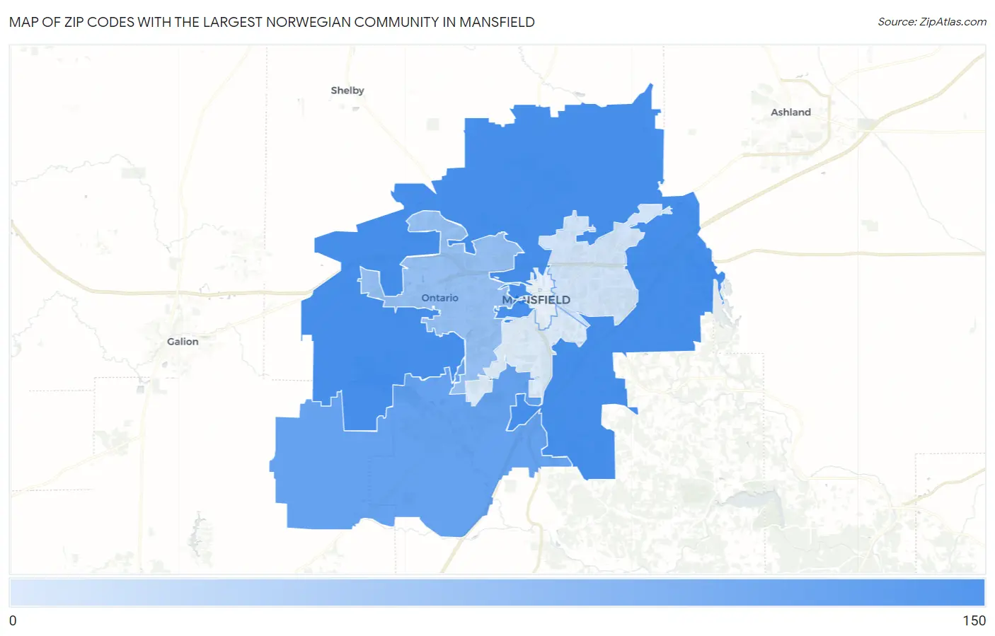 Zip Codes with the Largest Norwegian Community in Mansfield Map