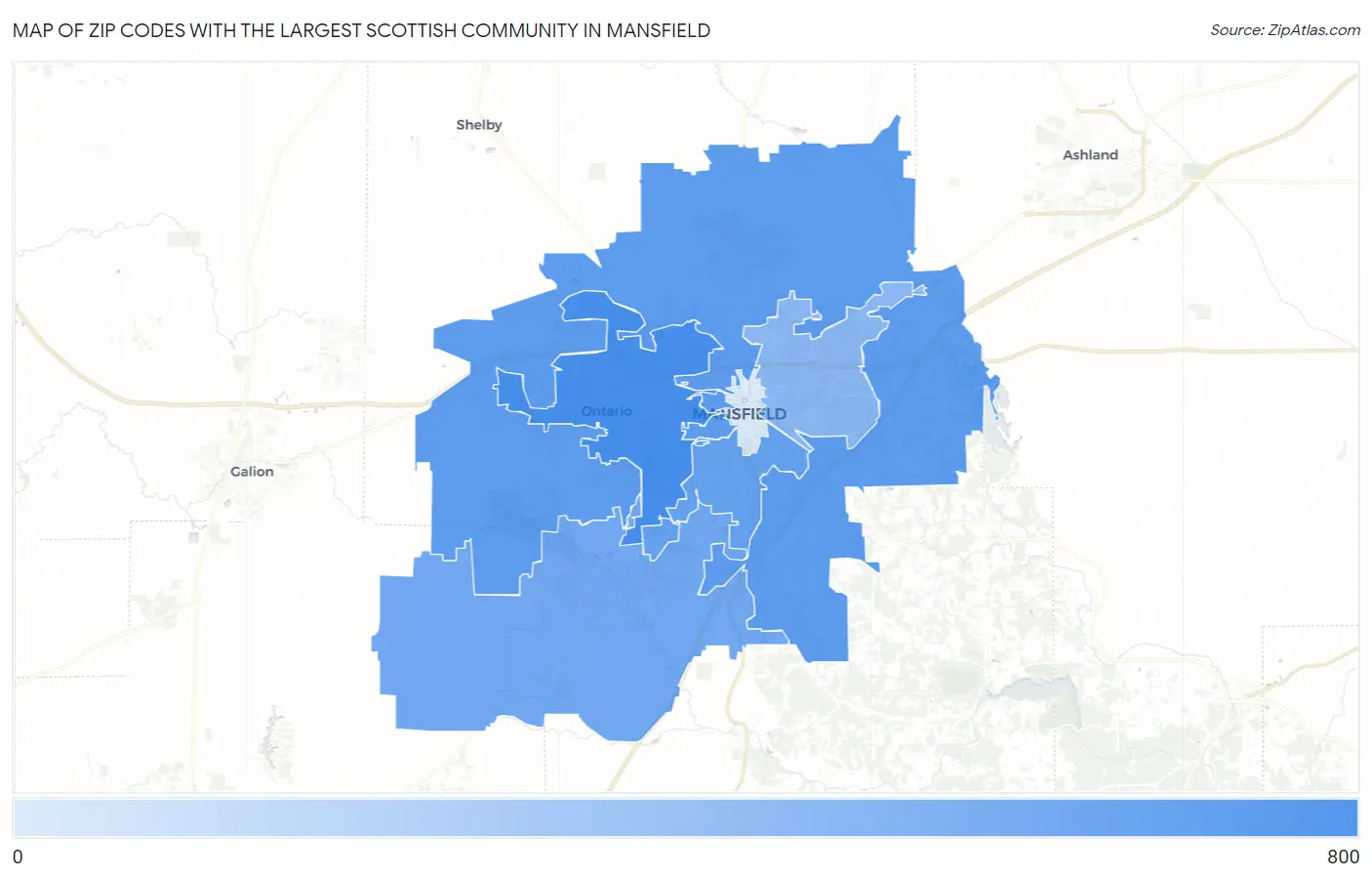 Zip Codes with the Largest Scottish Community in Mansfield Map
