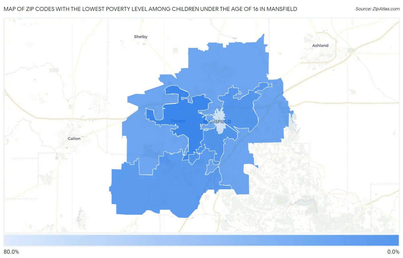 Zip Codes with the Lowest Poverty Level Among Children Under the Age of 16 in Mansfield Map