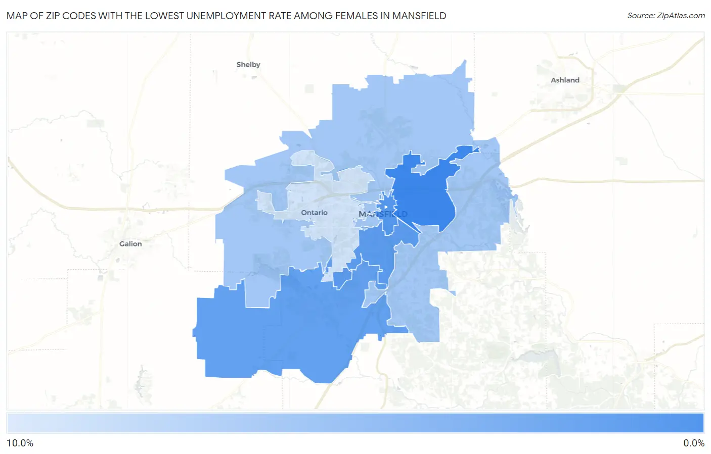 Zip Codes with the Lowest Unemployment Rate Among Females in Mansfield Map