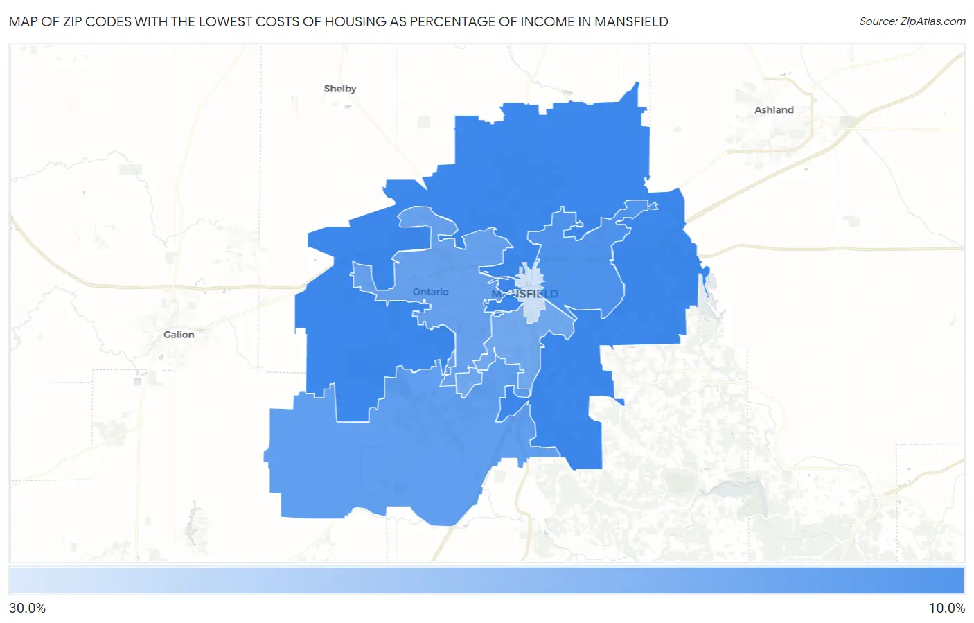 Zip Codes with the Lowest Costs of Housing as Percentage of Income in Mansfield Map