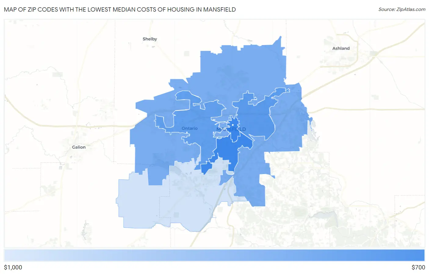 Zip Codes with the Lowest Median Costs of Housing in Mansfield Map