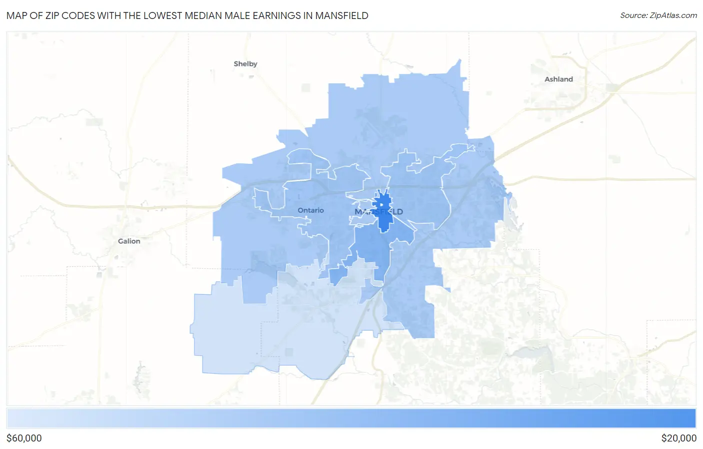 Zip Codes with the Lowest Median Male Earnings in Mansfield Map