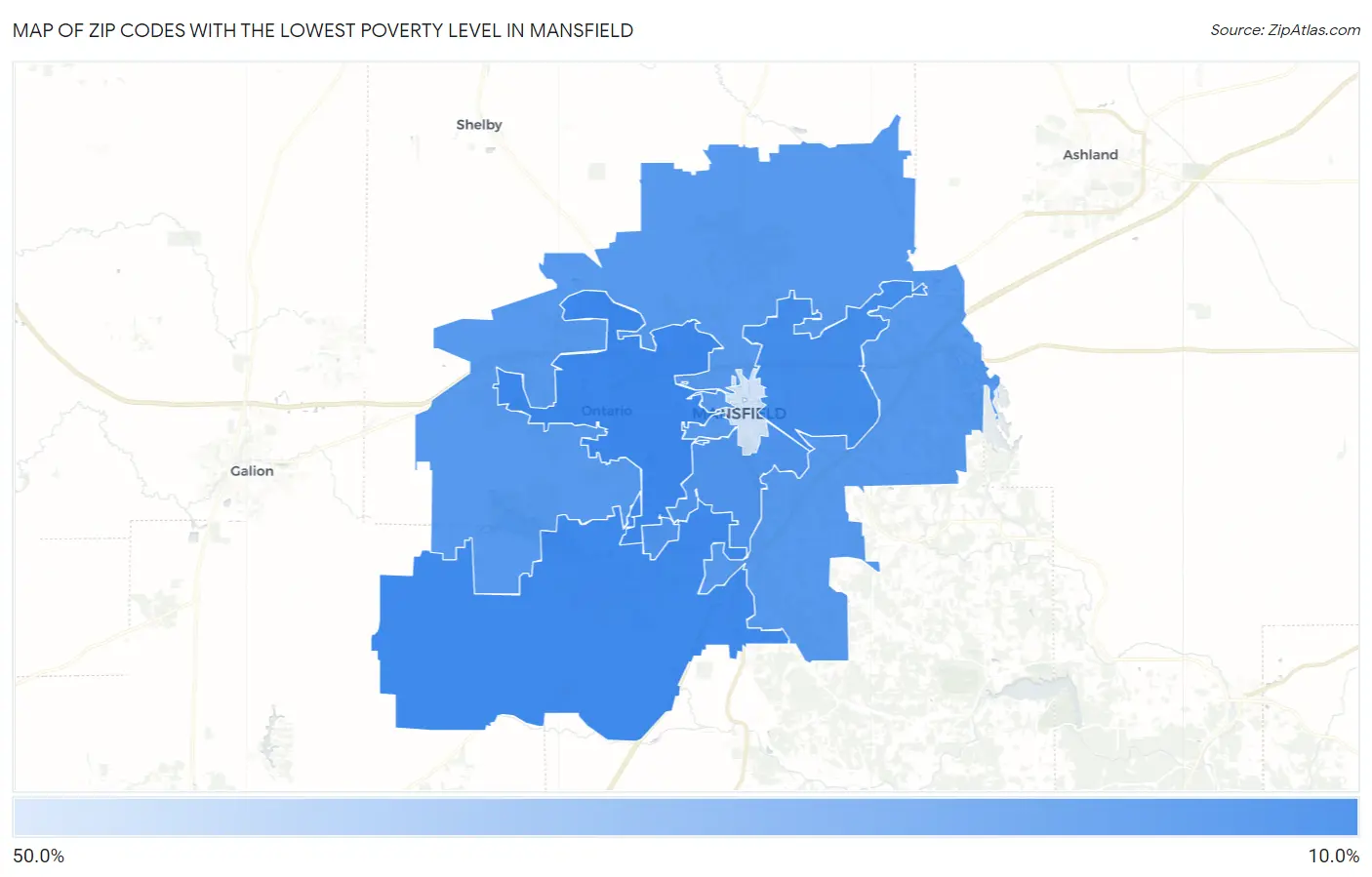 Zip Codes with the Lowest Poverty Level in Mansfield Map