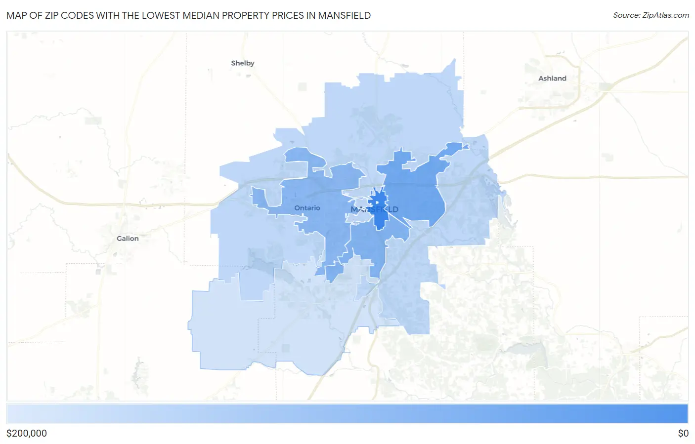 Zip Codes with the Lowest Median Property Prices in Mansfield Map
