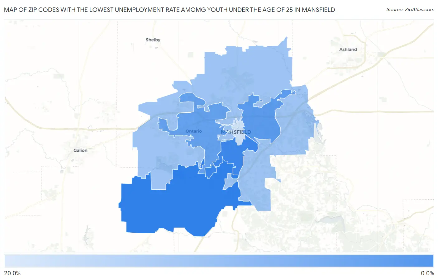 Zip Codes with the Lowest Unemployment Rate Amomg Youth Under the Age of 25 in Mansfield Map