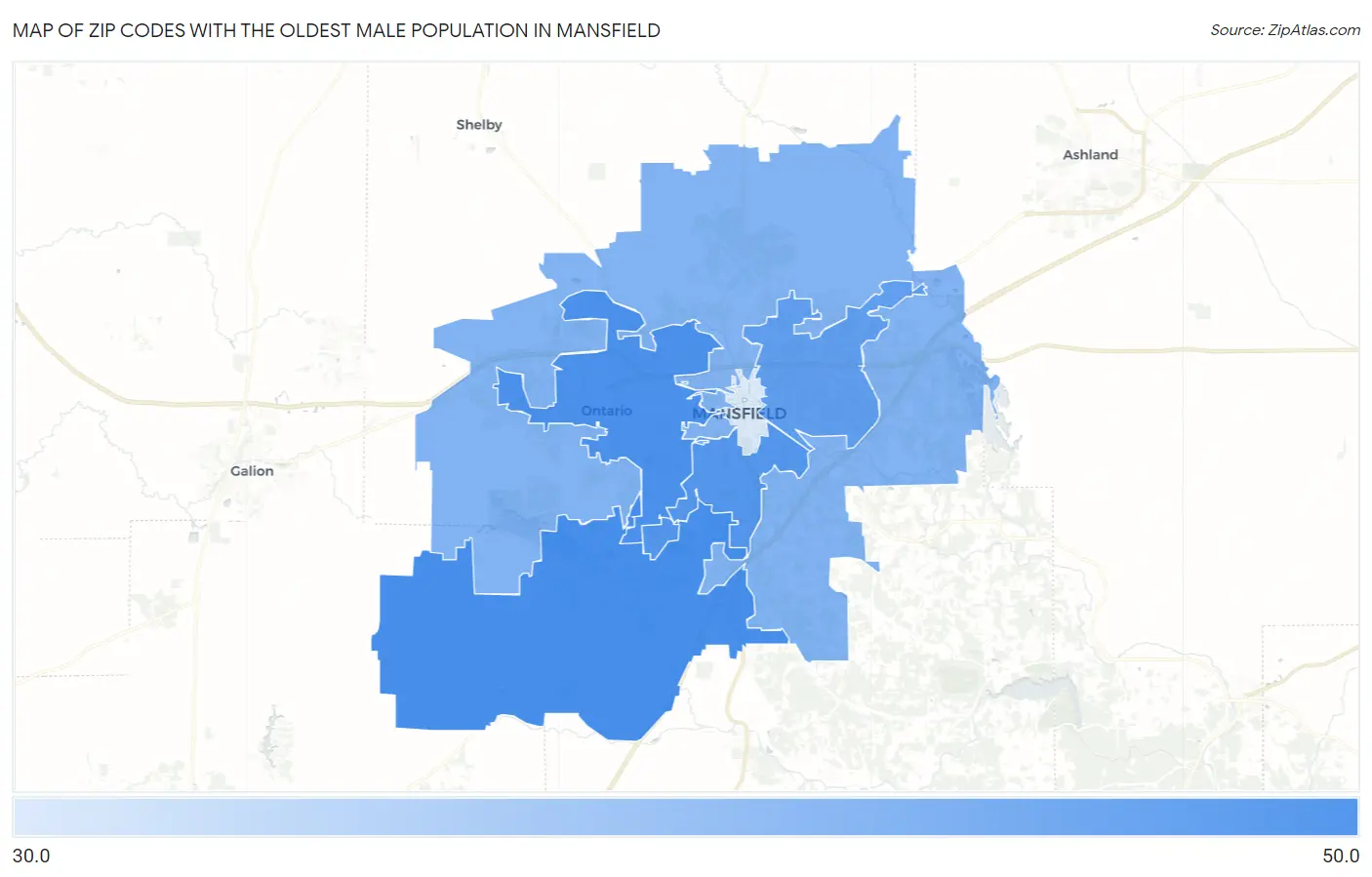 Zip Codes with the Oldest Male Population in Mansfield Map