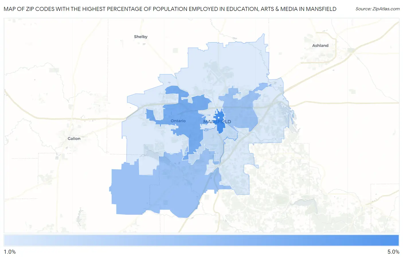 Zip Codes with the Highest Percentage of Population Employed in Education, Arts & Media in Mansfield Map