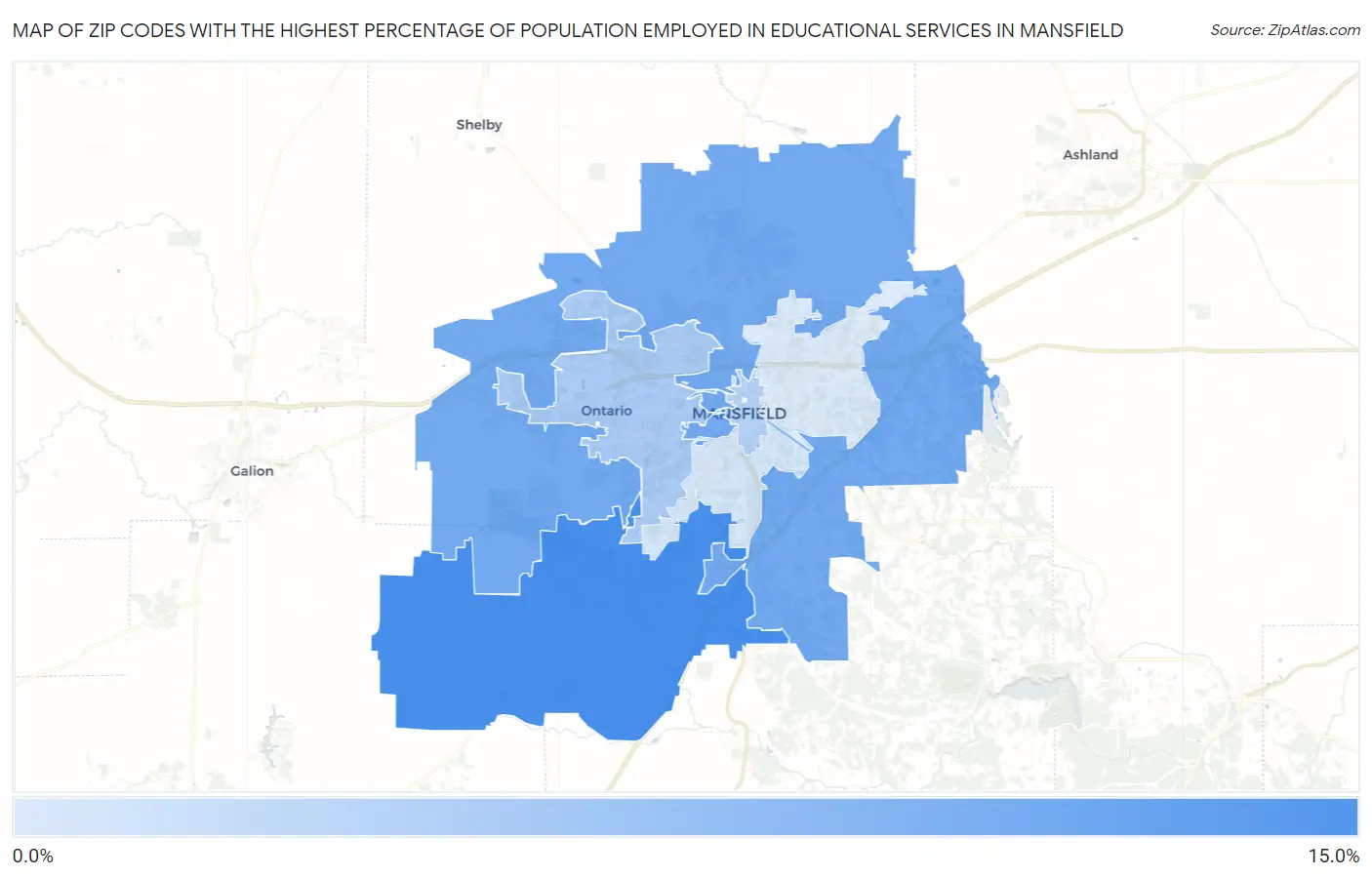 Zip Codes with the Highest Percentage of Population Employed in Educational Services in Mansfield Map
