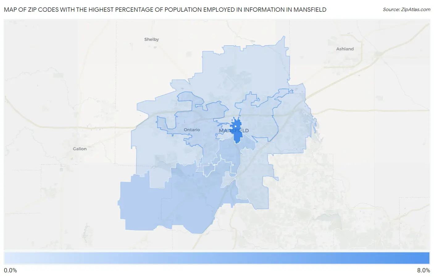 Zip Codes with the Highest Percentage of Population Employed in Information in Mansfield Map