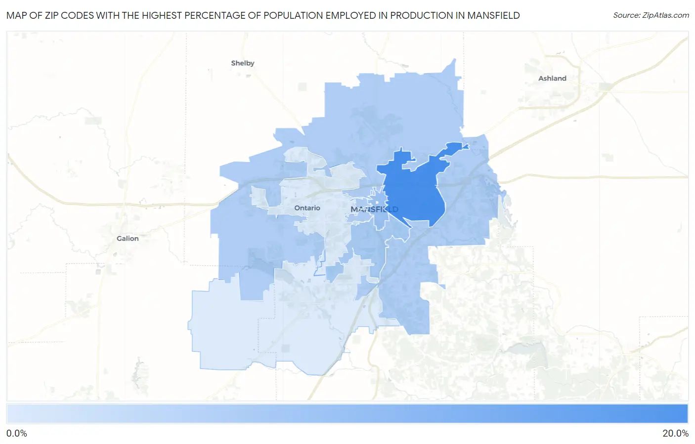 Zip Codes with the Highest Percentage of Population Employed in Production in Mansfield Map