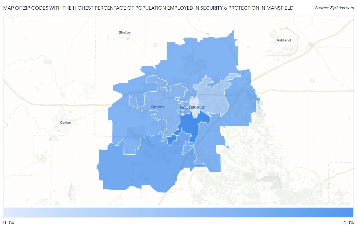 Zip Codes with the Highest Percentage of Population Employed in Security & Protection in Mansfield Map
