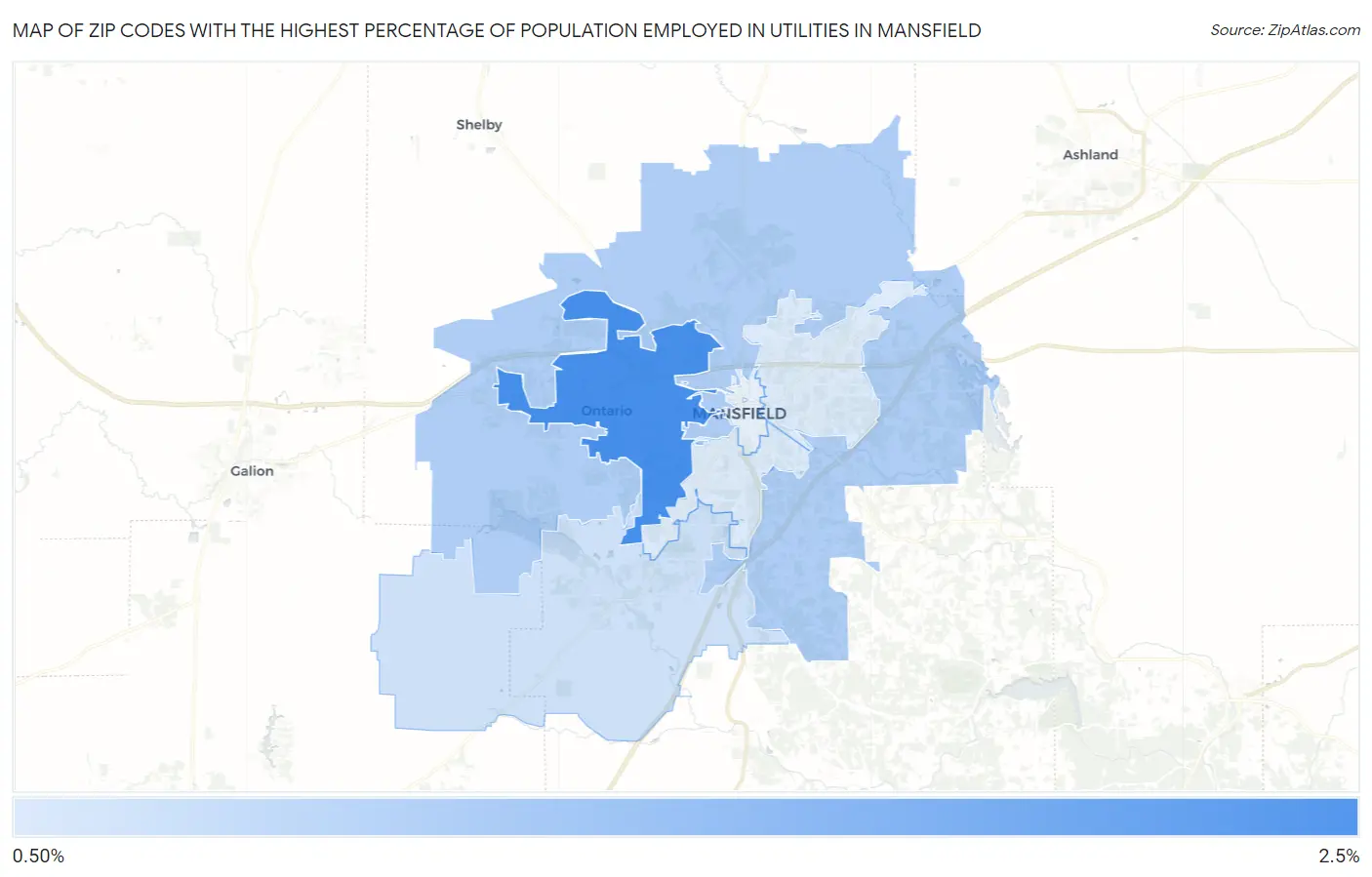 Zip Codes with the Highest Percentage of Population Employed in Utilities in Mansfield Map