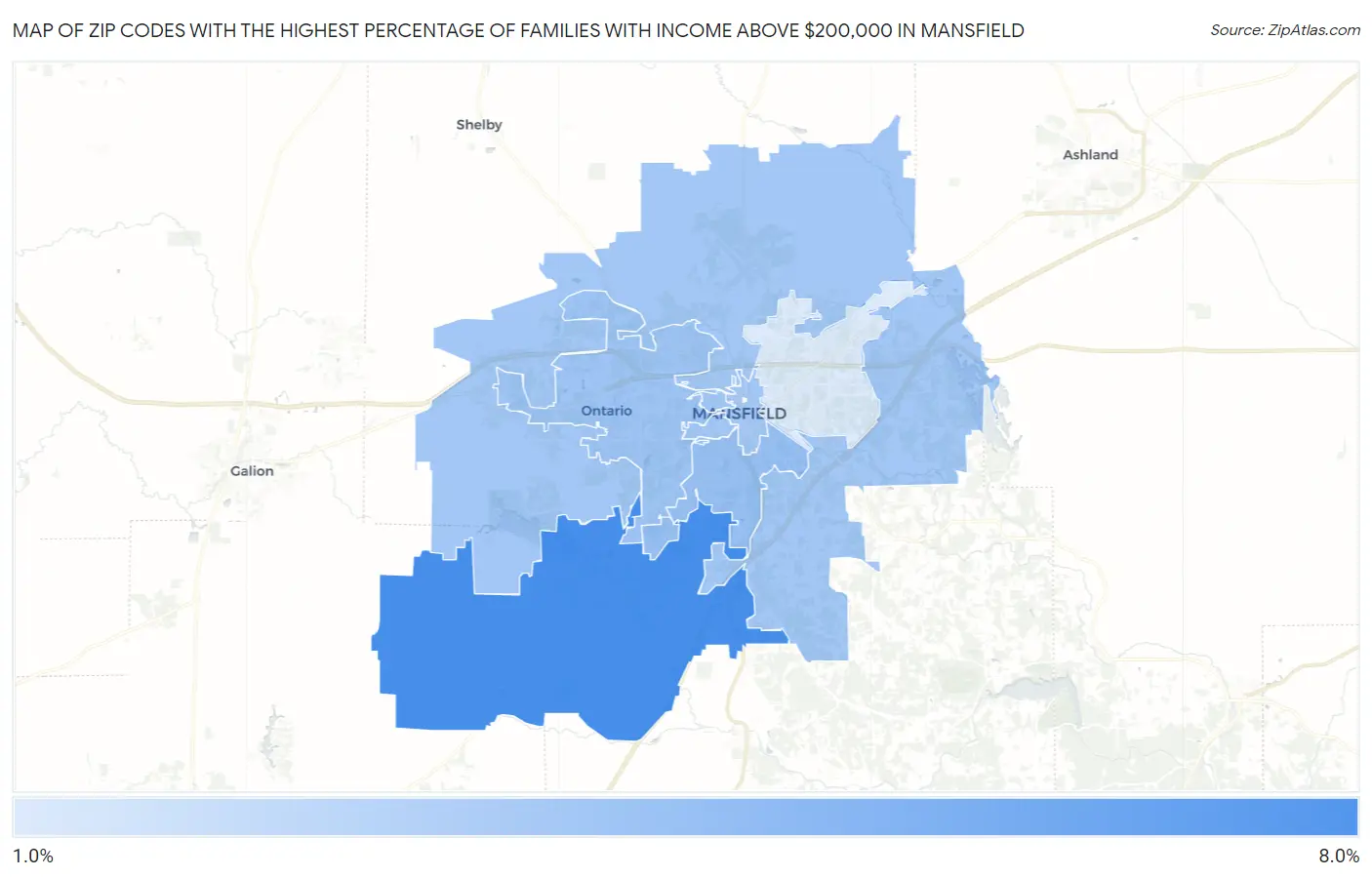 Zip Codes with the Highest Percentage of Families with Income Above $200,000 in Mansfield Map