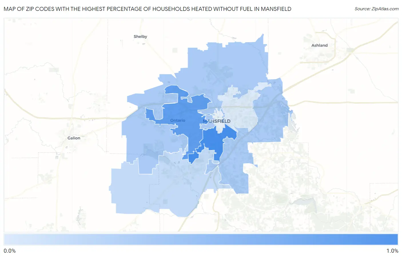 Zip Codes with the Highest Percentage of Households Heated without Fuel in Mansfield Map