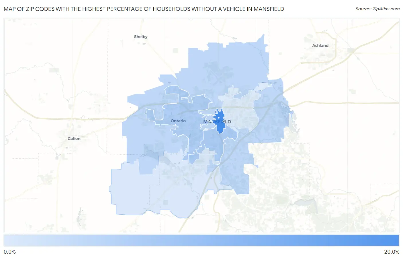 Zip Codes with the Highest Percentage of Households Without a Vehicle in Mansfield Map