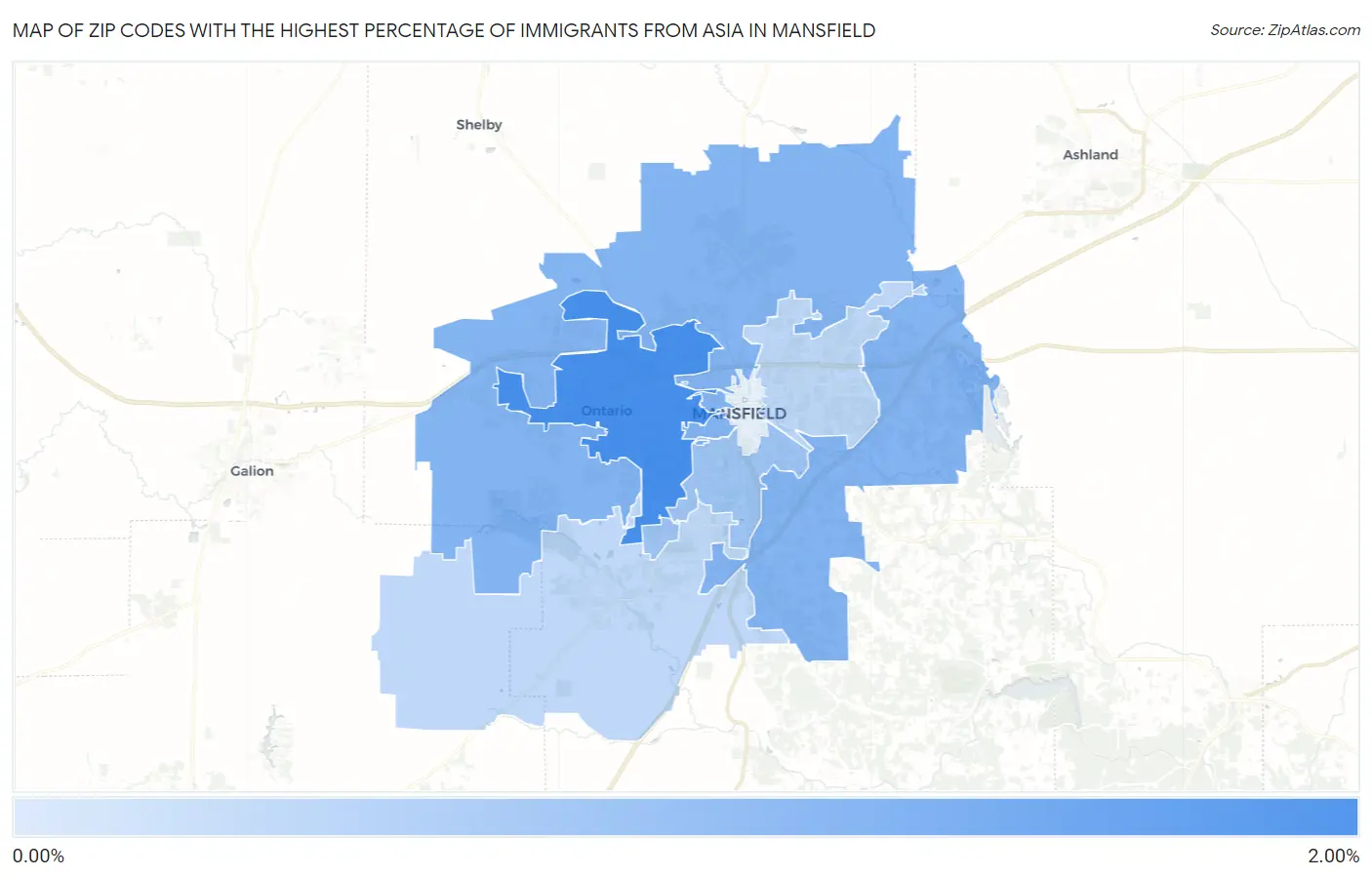 Zip Codes with the Highest Percentage of Immigrants from Asia in Mansfield Map