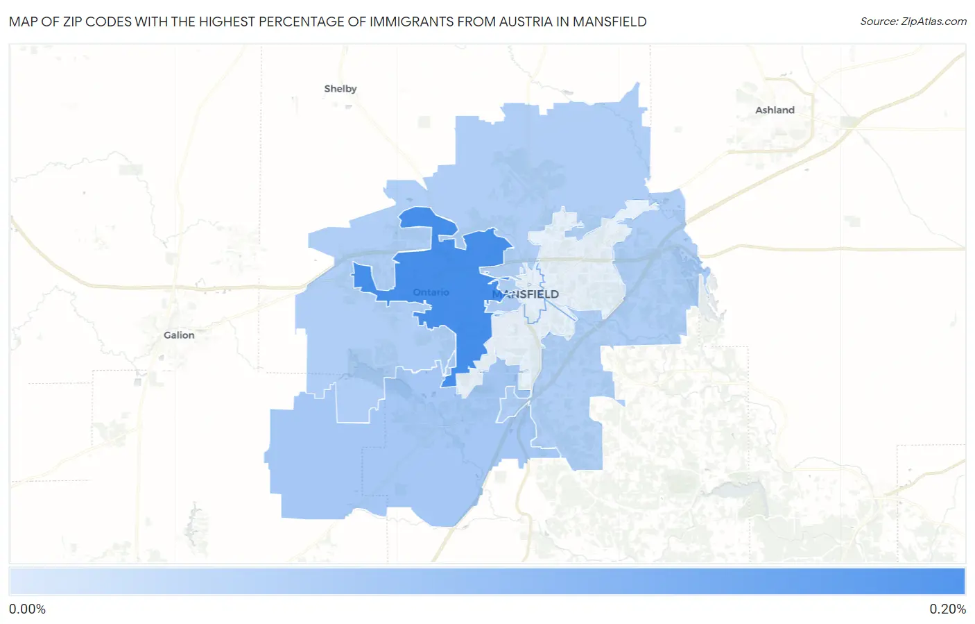 Zip Codes with the Highest Percentage of Immigrants from Austria in Mansfield Map