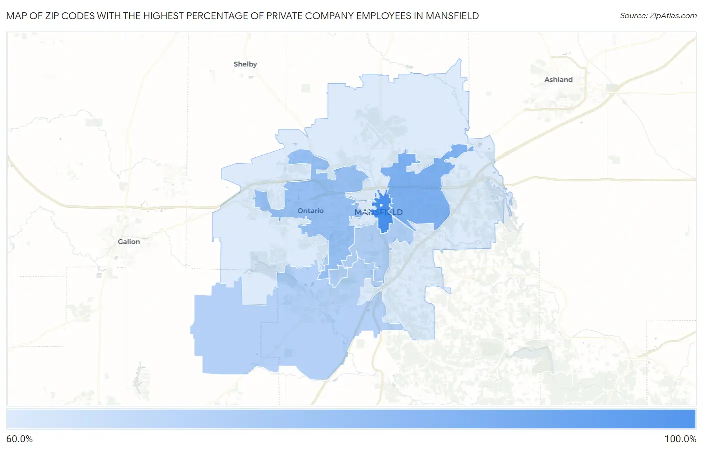 Zip Codes with the Highest Percentage of Private Company Employees in Mansfield Map